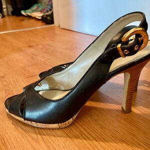 Anne Klein Black Leather Peekaboo Toe, High heels, size 8